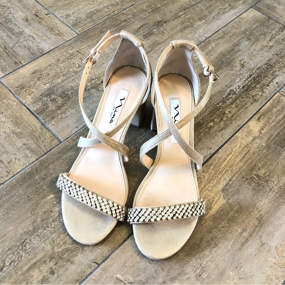 Nina Gold Strappy Sandals with Rhinestones Size 6